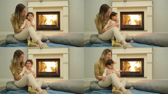 壁炉旁的母亲和婴儿-4k分辨率