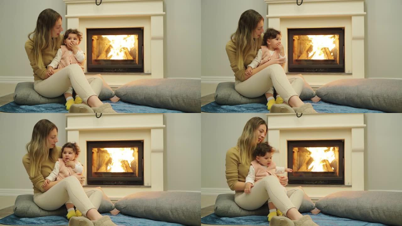壁炉旁的母亲和婴儿-4k分辨率