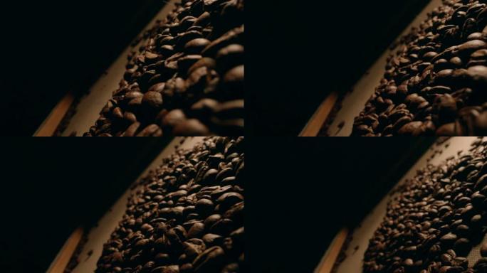 咖啡豆的宏观拍摄。慢动作摄像机移动。