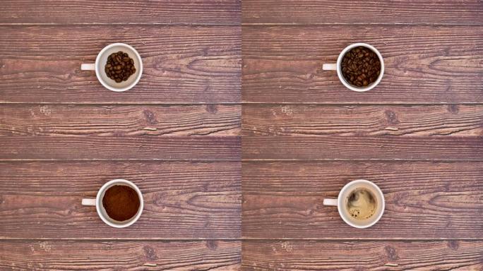 白咖啡填充咖啡豆，在木桌上磨碎和煮咖啡。创造性的定格运动概念。平铺