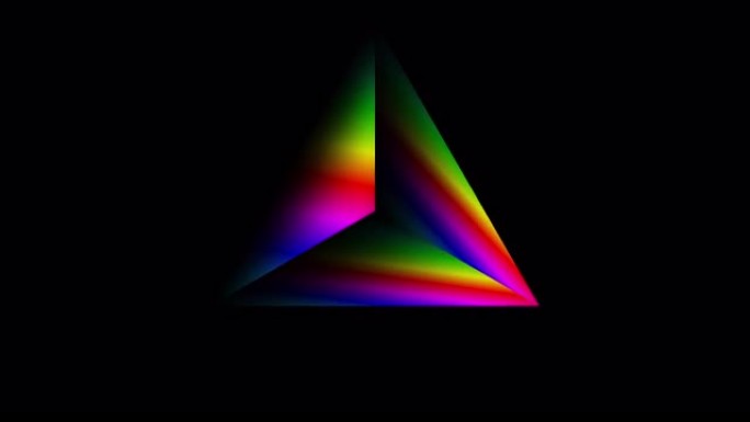 折射光的三角棱镜在黑色背景上顺时针旋转。玻璃棱镜中的射线彩虹光谱色散光学效应。