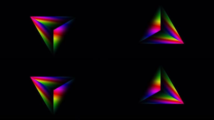 折射光的三角棱镜在黑色背景上顺时针旋转。玻璃棱镜中的射线彩虹光谱色散光学效应。