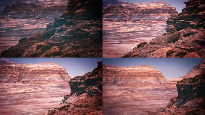 红色星球火星岩石悬崖的无人机飞行视图