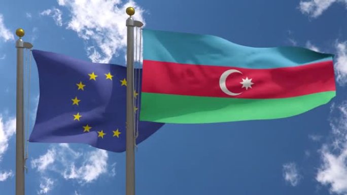 欧盟国旗与阿塞拜疆国旗在一杆，3D渲染，两个旗帜