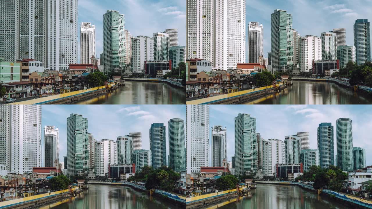马尼拉大都会城市天际线马卡蒂河畔的延时
