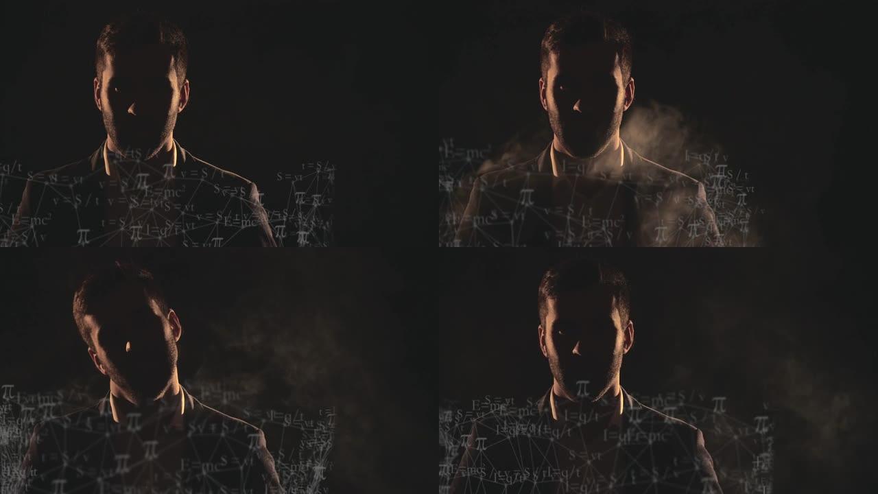 4k慢动作视频的男性脸在阴影和烟雾和数学。