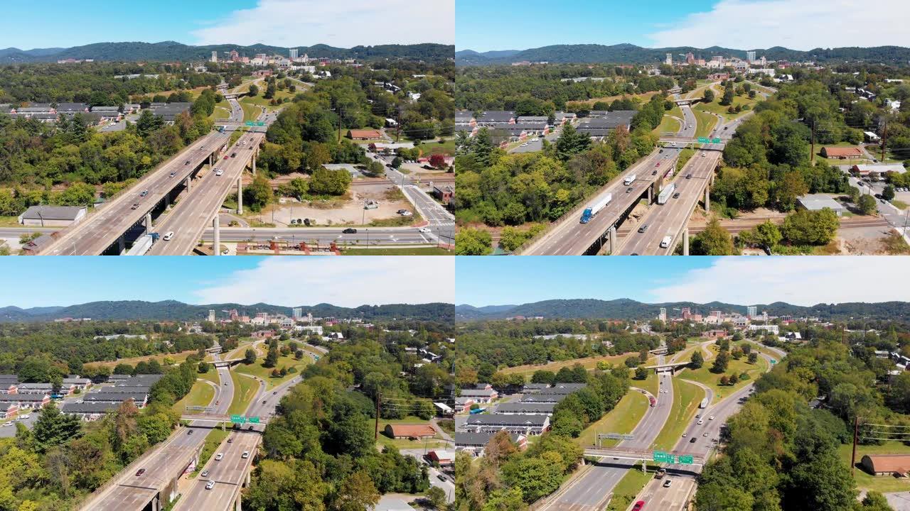 北卡罗来纳州阿什维尔法国宽河上海伍德街大桥的4k无人机视频 (多莉镜头)