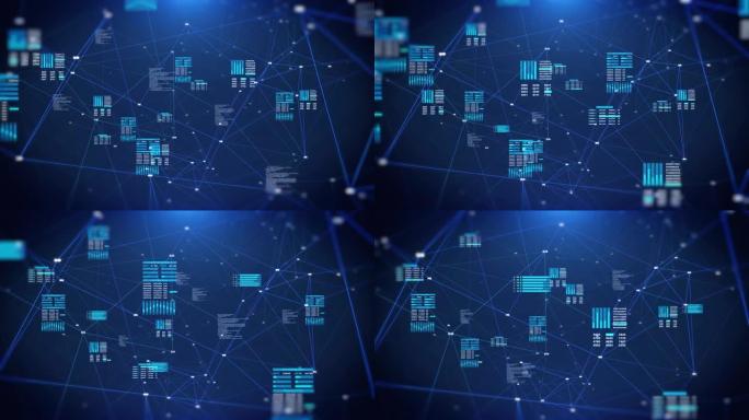 HUD数字未来信息通过数据网络通信飞行。高速网络空间技术显示信息4k运动背景。