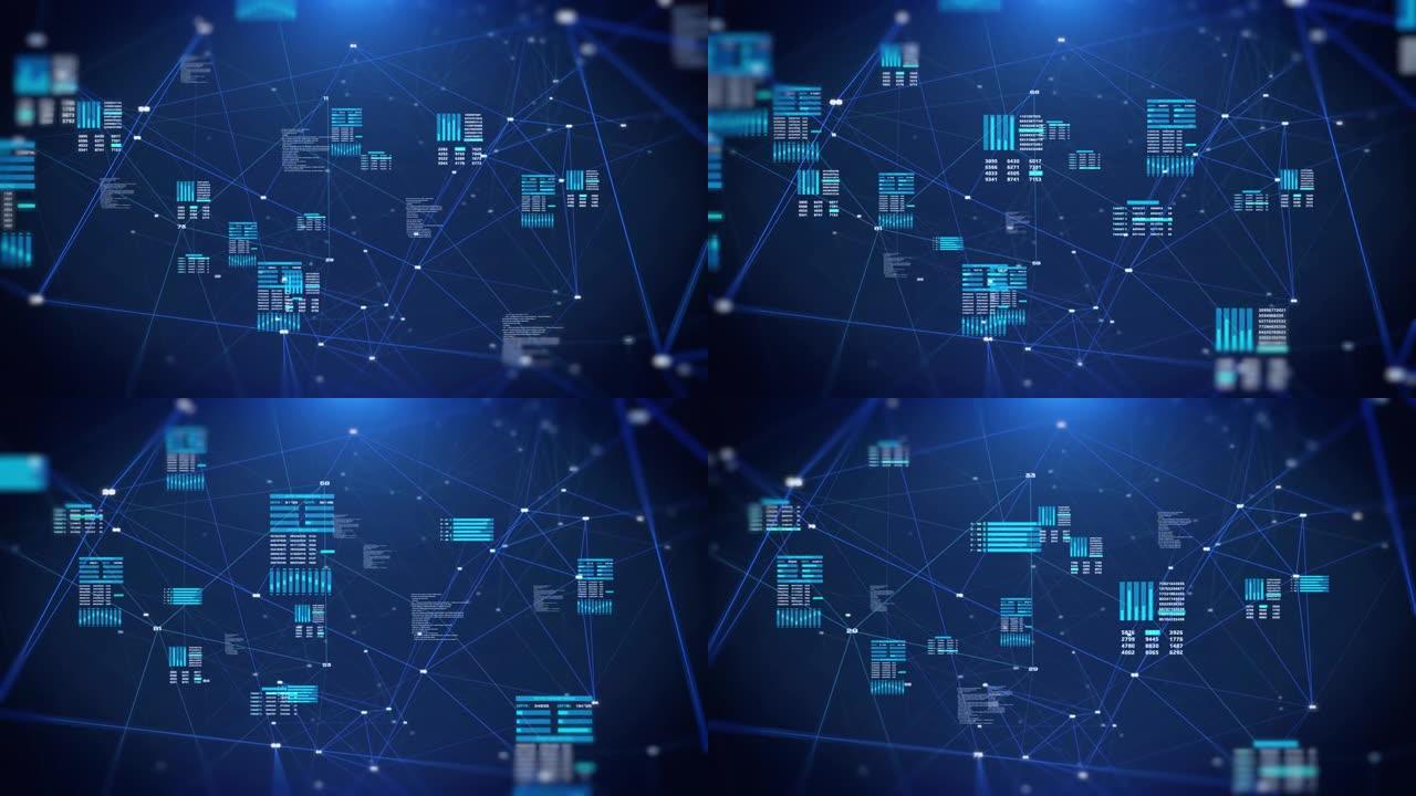 HUD数字未来信息通过数据网络通信飞行。高速网络空间技术显示信息4k运动背景。