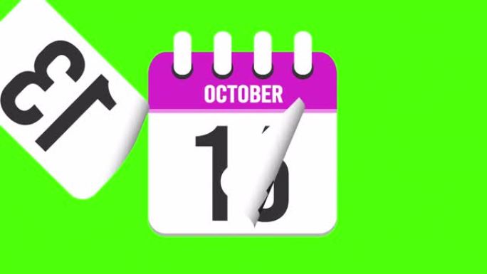 10月27日。日历出现，页面下降到10月27日。绿色背景，色度键 (4k循环)