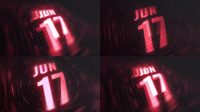 3d运动图形中的6月17日。未来的红外日历和科技发光霓虹灯拍摄，发光二极管纪念等。4k in循环