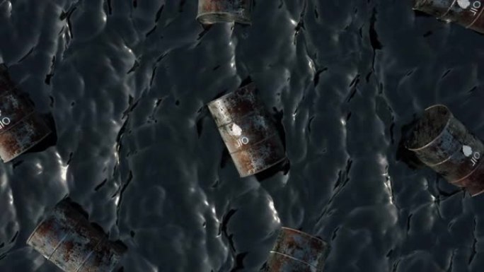 漂浮在油海中的铁桶俯视图。有毒物质。环境污染。3d动画
