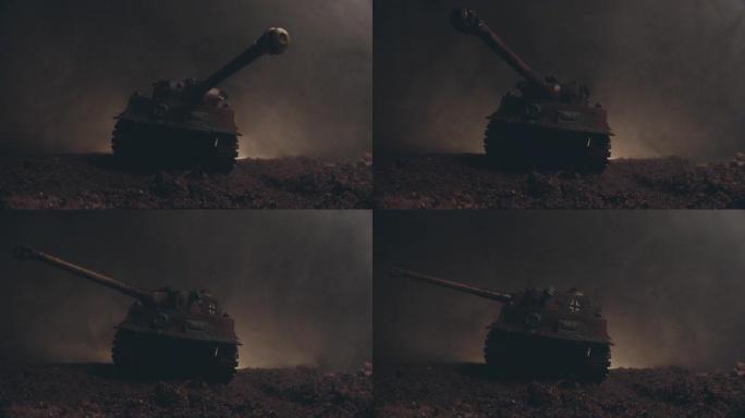 森林中德国坦克的宏观视图。老虎在山上崛起的格罗姆的战斗舞台