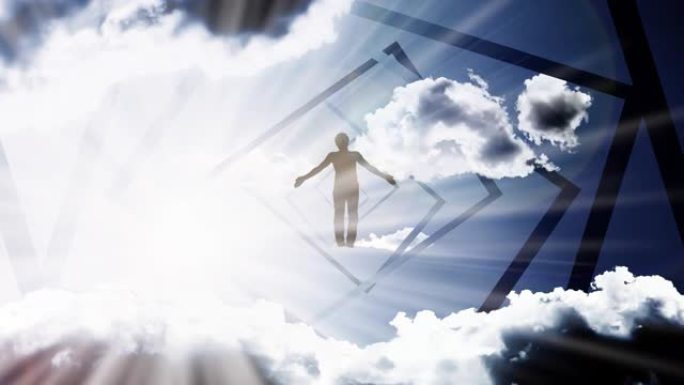 一个人的剪影飞入天空中的一个入口，云彩在明亮的光线中，将双臂伸向两侧。具有视差效果的4k视频动画。