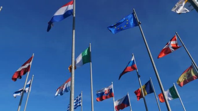 欧洲国家的旗帜在风中挥舞