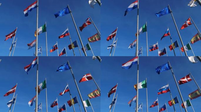 欧洲国家的旗帜在风中挥舞