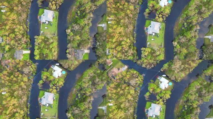 被飓风伊恩降雨包围佛罗里达州居民区的洪水房屋。自然灾害的后果