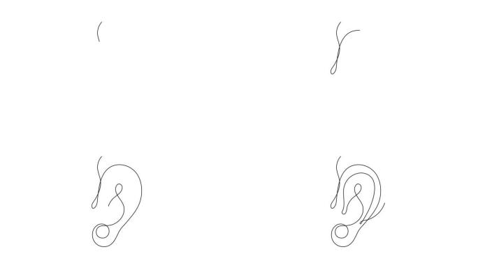 连续线条风格的五种人类感官动画。耳线艺术图标。鼻子和气味。嘴，嘴唇轮廓。眉毛以手绘风格的眼睛。