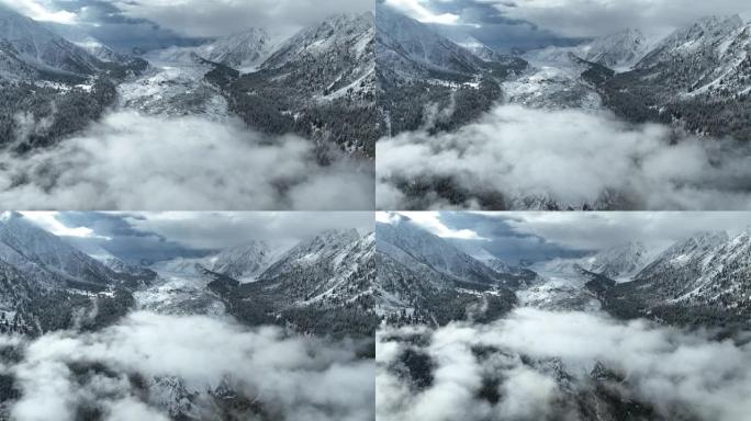 空中无人机视图日出风景，早晨雾和雪在童话草甸国家公园与拉赫希奥特冰川在南加帕尔巴特山，喀喇昆仑山，喜