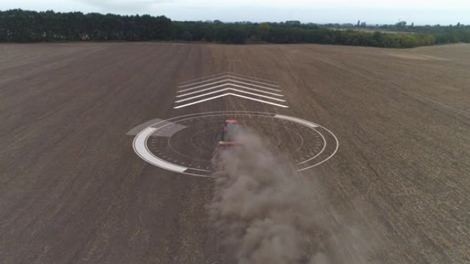 尘土飞扬的土地，小麦播种季节。谷物播种过程中，无人驾驶飞机在自主拖拉机后飞行