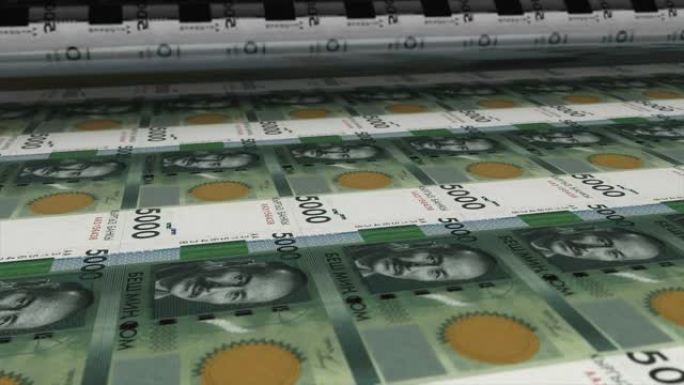 吉尔吉斯斯坦，吉尔吉斯斯坦索姆印刷机打印出当前5000索姆纸币，无缝循环，吉尔吉斯斯坦货币背景，4K