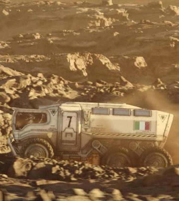 火星行星的太空殖民。带有意大利国旗的火星探测器探索行星表面垂直视频