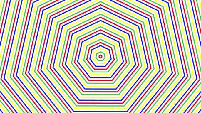 白色背景循环上的彩色七边形简单平面几何。彩色七边形无线电波无尽的创意动画。多色无缝运动图形背景。多色