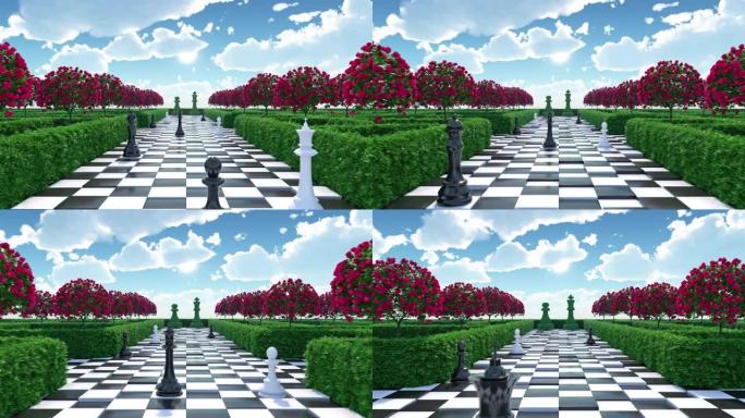 迷宫花园3d渲染插图。象棋，天空中花红云的树木。爱丽丝梦游仙境主题。