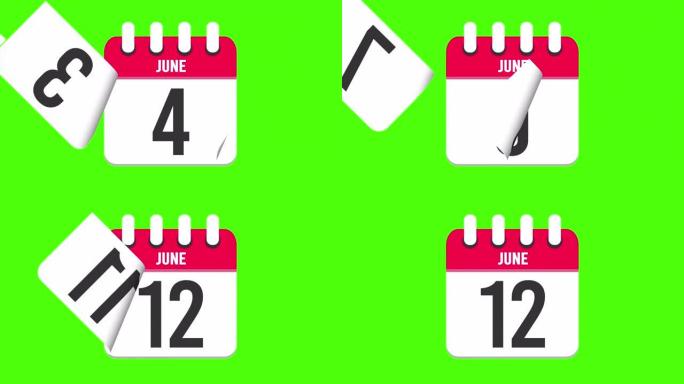 6月12日。日历出现，页面下降到6月12日。绿色背景，色度键 (4k循环)
