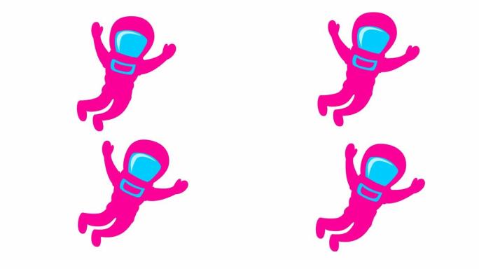 动画可爱的洋红色宇航员在零重力。粉红色的太空人在失重状态下飞行。矢量平面插图孤立在白色背景上。