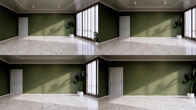 薄荷空房间白色木地板室内设计。3d渲染