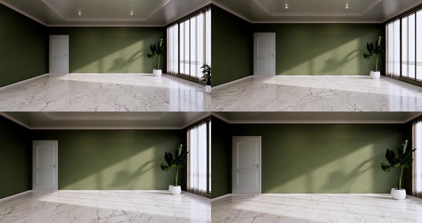 薄荷空房间白色木地板室内设计。3d渲染