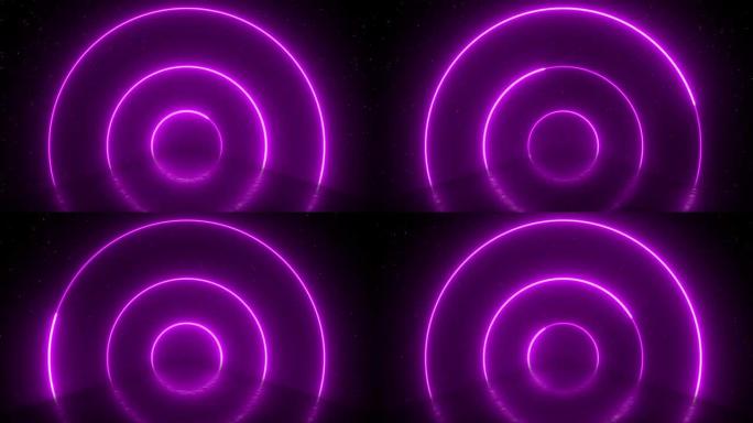 未来派粉色霓虹灯边框激光戒指。紫外线荧光灯复古隧道。赛博朋克路。科幻背景的80年代未来主义景观。带有