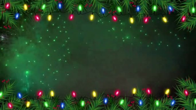 逼真的彩色烟花背景，带有绿色框架，用于设计圣诞节或新年模板。