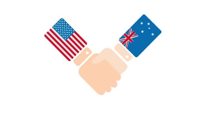 美国(美国)和澳大利亚握手，有关政客会面或合作的概念2D卡通动画，孤立在白色背景上