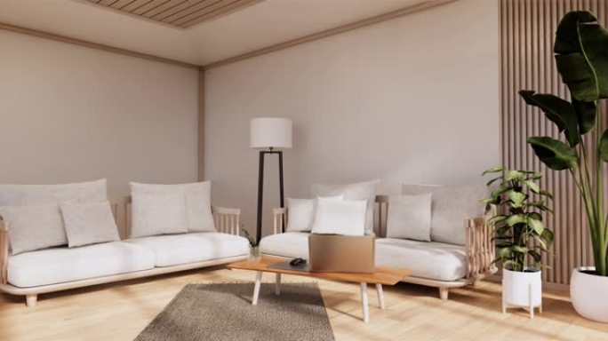 阁楼风格，木地板上有白色墙壁，地毯上有沙发扶手椅。3d渲染