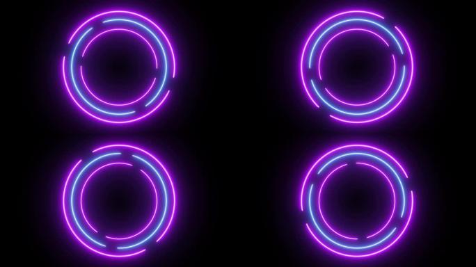 霓虹灯圈蓝紫色照明框架设计。抽象宇宙充满活力的彩圈循环镜头。黑暗背景上发光的霓虹灯，带有复制空间。未