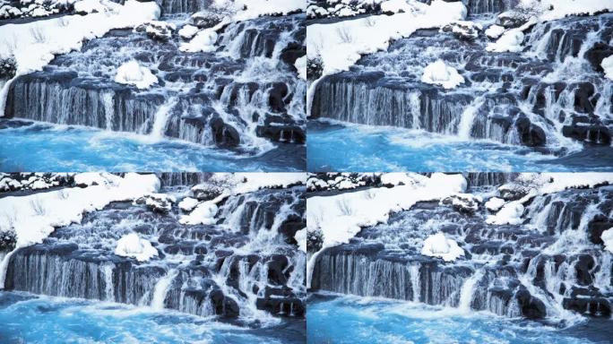 冰岛瀑布雪山寒河冬季清净冰川水