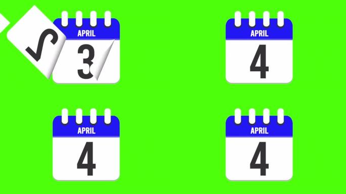 4月4日。日历出现，页面下降到4月4日。绿色背景，色度键 (4k循环)