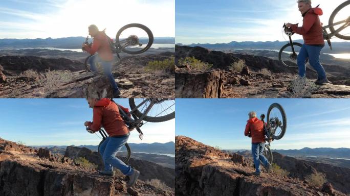成熟的雄性山地自行车手沿着沙漠脊顶上升