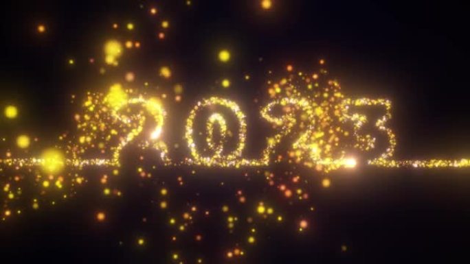 粒子照亮数字2023年设计发光。抽象宇宙充满活力的色彩背景。发光的魔法祝贺新年快乐2023。明亮的亮
