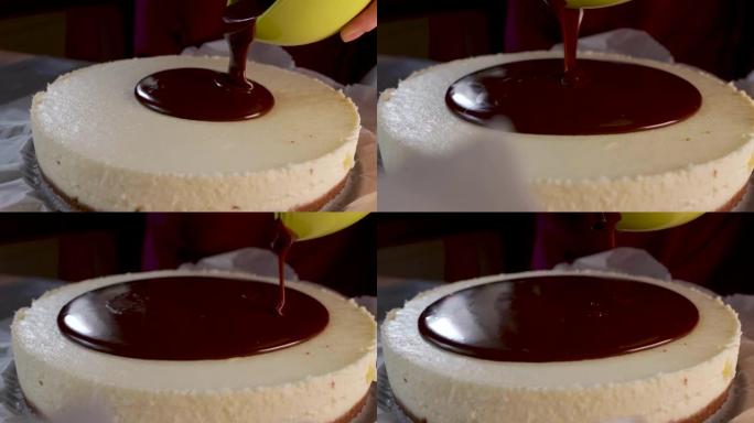 液体巧克力倒在蛋糕上的特写镜头