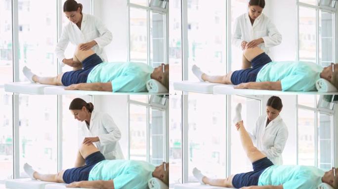 成熟的女人检查膝盖。