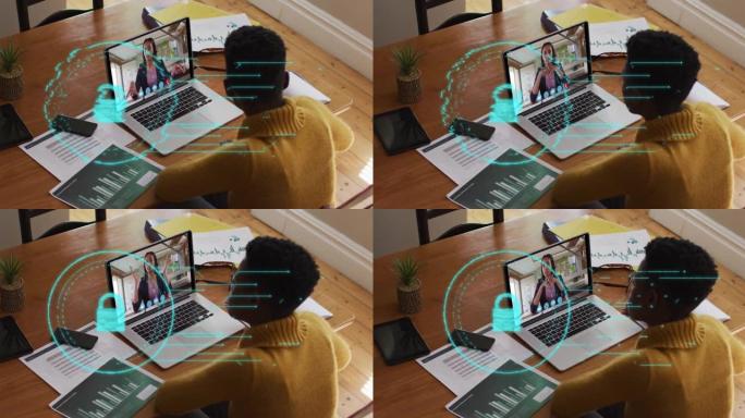 笔记本电脑视频通话中女商人在线安全挂锁图标的动画