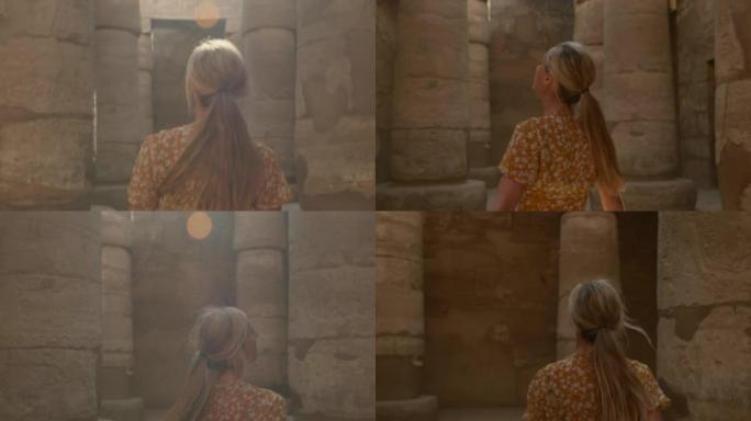 女性旅行者观光古埃及神庙