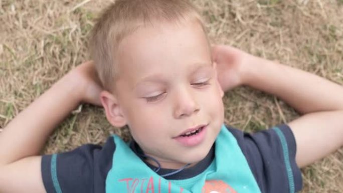 小快乐严肃体贴的小男孩躺在公园的黄色草坪干草干草上。夏季，自然，梦想，生活方式乡村生活农场村。微笑的