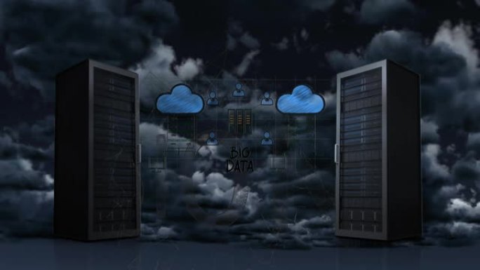 多云天空上的计算机服务器动画