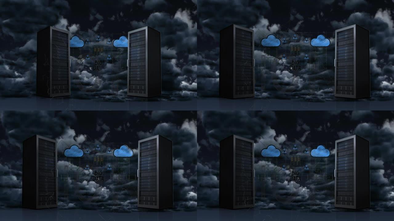 多云天空上的计算机服务器动画