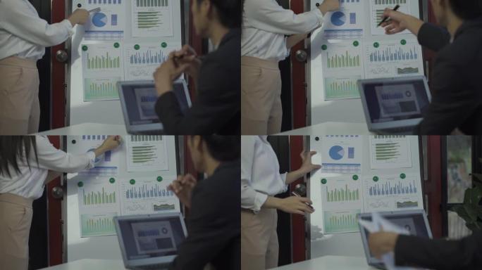 亚洲商人小组在计划会议上集思广益统计分析和指点图员工用笔记本电脑记录财务业务成功统计概念