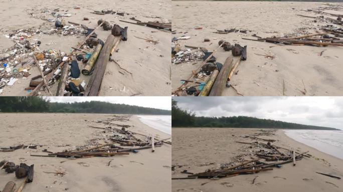 泰国宋卡-2022年12月13日: 泰国宋卡萨米拉海滩上的垃圾与暴雨。泰国湾在暴风雨中，乌云笼罩着声